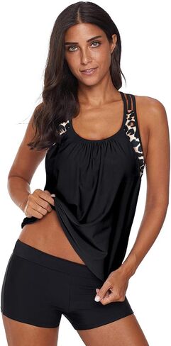 Womens Blouson Striped T-Back Tankini Sets Floral Printed Strappy Push up Top with Shorts Swimsuits Two Piece in Saudi Arabia