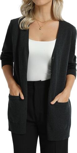 QUALFORT Women's 100% Cotton Midweight V-Neck Button Down Cardigan Sweaters with Pockets in Saudi Arabia