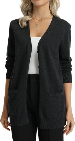 QUALFORT Women's 100% Cotton Midweight V-Neck Button Down Cardigan Sweaters with Pockets in Saudi Arabia
