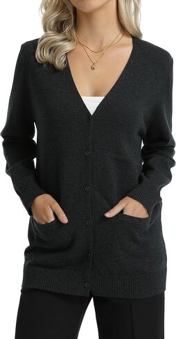 QUALFORT Women's 100% Cotton Midweight V-Neck Button Down Cardigan Sweaters with Pockets in Saudi Arabia