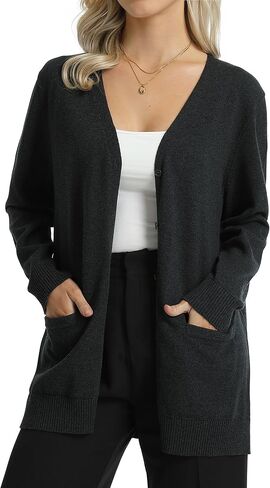 QUALFORT Women's 100% Cotton Midweight V-Neck Button Down Cardigan Sweaters with Pockets in Saudi Arabia