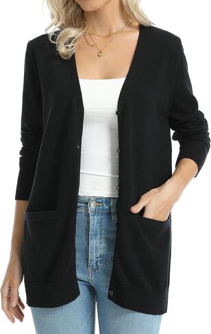 QUALFORT Women's 100% Cotton Midweight V-Neck Button Down Cardigan Sweaters with Pockets in Saudi Arabia
