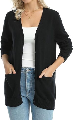 QUALFORT Women's 100% Cotton Midweight V-Neck Button Down Cardigan Sweaters with Pockets in Saudi Arabia