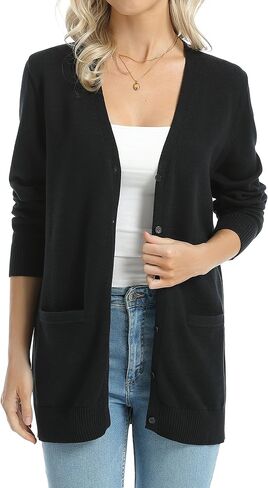 QUALFORT Women's 100% Cotton Midweight V-Neck Button Down Cardigan Sweaters with Pockets in Saudi Arabia