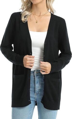 QUALFORT Women's 100% Cotton Midweight V-Neck Button Down Cardigan Sweaters with Pockets in Saudi Arabia