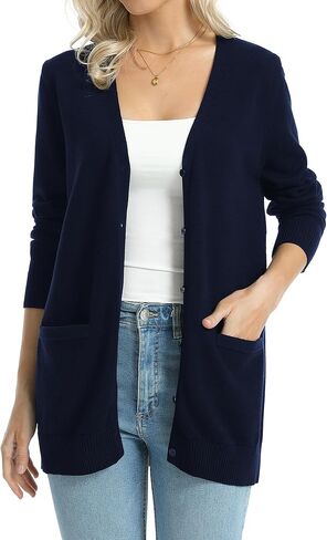 QUALFORT Women's 100% Cotton Midweight V-Neck Button Down Cardigan Sweaters with Pockets in Saudi Arabia