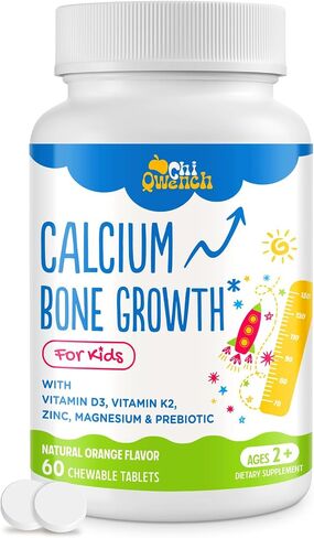 500 MG Calcium Supplement with Vitamin D3 & K2, Zinc, Magnesium & Prebiotics. Kids Vitamins for Kids' Height. Bone Strength, High Absorption, Orange Chewables, Gluten Free, 60 Tabs in Saudi Arabia