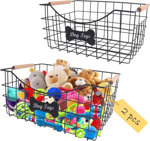 2packs Metal Dog Toy Basket,Iron Wire Dog Toy Bin,Dog Toy Storage Box,Dog Storage Organizer with Wooden Handle,Black Sturdy Dog Basket for Dog Leash,Collar,Dog Toy,Snacks in Saudi Arabia