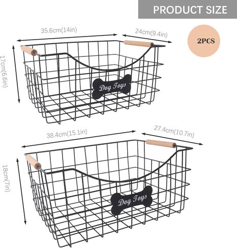 2packs Metal Dog Toy Basket,Iron Wire Dog Toy Bin,Dog Toy Storage Box,Dog Storage Organizer with Wooden Handle,Black Sturdy Dog Basket for Dog Leash,Collar,Dog Toy,Snacks in Saudi Arabia
