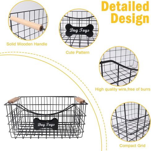 2packs Metal Dog Toy Basket,Iron Wire Dog Toy Bin,Dog Toy Storage Box,Dog Storage Organizer with Wooden Handle,Black Sturdy Dog Basket for Dog Leash,Collar,Dog Toy,Snacks in Saudi Arabia