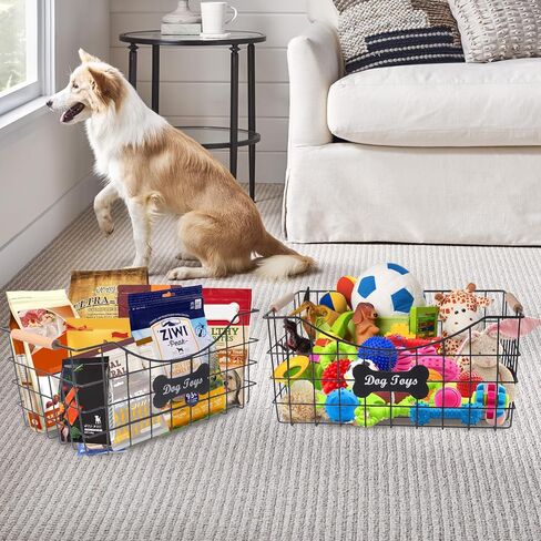 2packs Metal Dog Toy Basket,Iron Wire Dog Toy Bin,Dog Toy Storage Box,Dog Storage Organizer with Wooden Handle,Black Sturdy Dog Basket for Dog Leash,Collar,Dog Toy,Snacks in Saudi Arabia