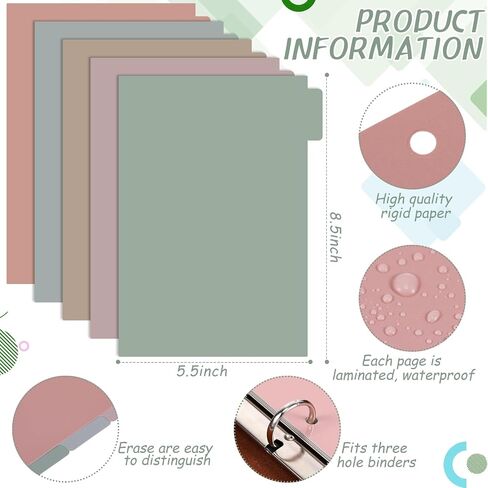 Honoson 12 Sets 5 Tab Binder Dividers with Tabs for 3 Ring Binders 5.5 × 8.5 بوصة من المقاطعات متعددة الألوان مع فيلم بلاستيكي 3 ثقب مقسمات مقسم in Kuwait