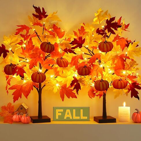 Fall Décor 2 Pack 24 Inch Fall Maple Tree with 48 LEDs Battery Operated Fall Lights with 8 PCS Pumpkin Wooden Hanging Ornaments Artificial Tree for Fall Thanksgiving Home Table Decorations in Saudi Arabia