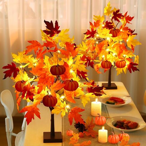 Fall Décor 2 Pack 24 Inch Fall Maple Tree with 48 LEDs Battery Operated Fall Lights with 8 PCS Pumpkin Wooden Hanging Ornaments Artificial Tree for Fall Thanksgiving Home Table Decorations in Saudi Arabia