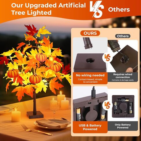 Fall Décor 2 Pack 24 Inch Fall Maple Tree with 48 LEDs Battery Operated Fall Lights with 8 PCS Pumpkin Wooden Hanging Ornaments Artificial Tree for Fall Thanksgiving Home Table Decorations in Saudi Arabia