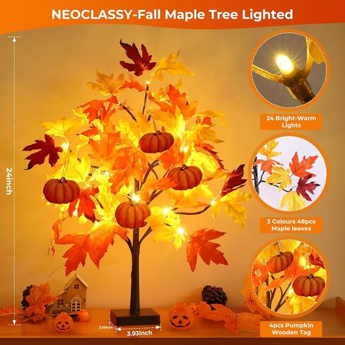 Fall Décor 2 Pack 24 Inch Fall Maple Tree with 48 LEDs Battery Operated Fall Lights with 8 PCS Pumpkin Wooden Hanging Ornaments Artificial Tree for Fall Thanksgiving Home Table Decorations in Saudi Arabia