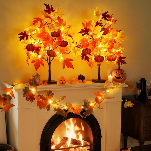 Fall Décor 2 Pack 24 Inch Fall Maple Tree with 48 LEDs Battery Operated Fall Lights with 8 PCS Pumpkin Wooden Hanging Ornaments Artificial Tree for Fall Thanksgiving Home Table Decorations in Saudi Arabia