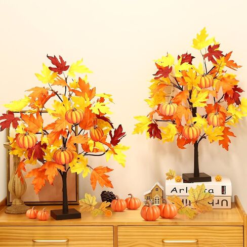 Fall Décor 2 Pack 24 Inch Fall Maple Tree with 48 LEDs Battery Operated Fall Lights with 8 PCS Pumpkin Wooden Hanging Ornaments Artificial Tree for Fall Thanksgiving Home Table Decorations in Saudi Arabia