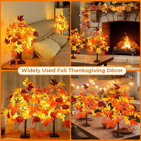Fall Décor 2 Pack 24 Inch Fall Maple Tree with 48 LEDs Battery Operated Fall Lights with 8 PCS Pumpkin Wooden Hanging Ornaments Artificial Tree for Fall Thanksgiving Home Table Decorations in Saudi Arabia