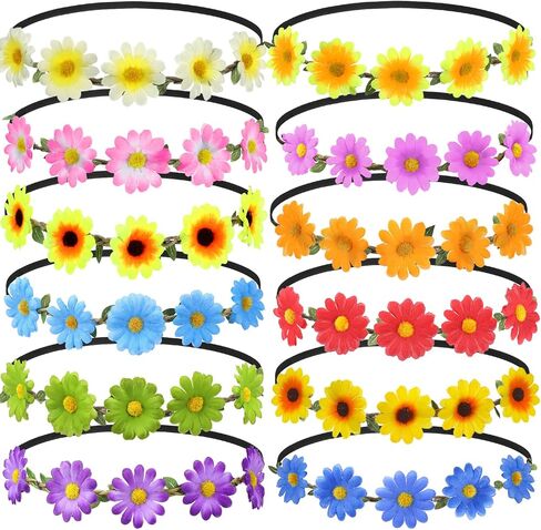 Bememo 12 Pieces Flower Headband Girl Women Daisy Flower Crown Hippie Floral Wreath Headband for Festival Wedding Bridal Party (Classic) in Saudi Arabia