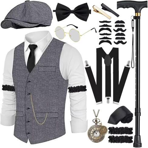1920s Mens Costume Roaring 20s Costumes Accessories Set 1920s Vest Suspenders Hat Pocket Watch Tie in Kuwait