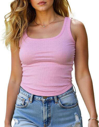 نساء دبابة مضلعة من نحفة نحافة مربعة رقبة مربعة بلا أكمام تي شيرت محصول الصيف tshirt التنفس in Kuwait