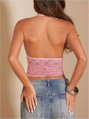 SOLY HUX Women's Lace Sheer Hollow Out Y2k Halter Top Backless Deep V Neck Crop Vest Shirts in Saudi Arabia
