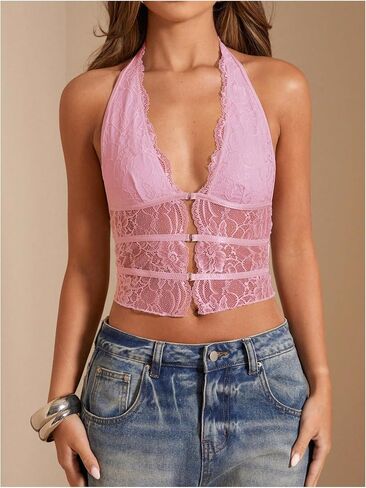 SOLY HUX Women's Lace Sheer Hollow Out Y2k Halter Top Backless Deep V Neck Crop Vest Shirts in Saudi Arabia