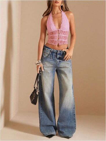 SOLY HUX Women's Lace Sheer Hollow Out Y2k Halter Top Backless Deep V Neck Crop Vest Shirts in Saudi Arabia