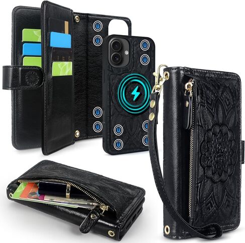 Harryshell for iPhone 16 Plus 6.7 inch Detachable Magnetic Case Wallet,Compatible with Magsafe Wireless Charging, [Theft-Scan Blocking] Card Slots, Cash Zipper Pocket Wrist Strap (Floral Purple) in Kuwait