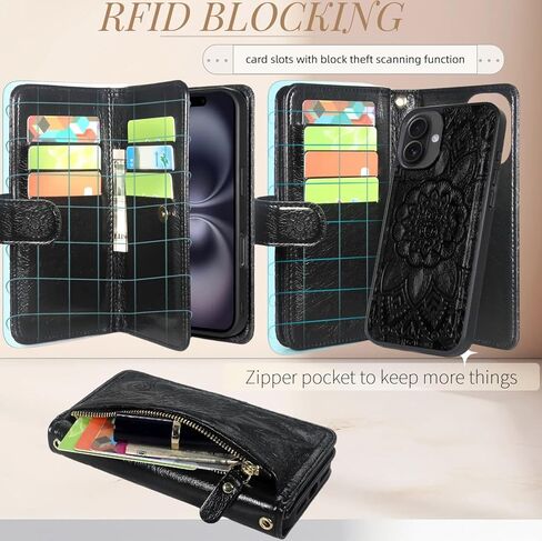 Harryshell for iPhone 16 Plus 6.7 inch Detachable Magnetic Case Wallet,Compatible with Magsafe Wireless Charging, [Theft-Scan Blocking] Card Slots, Cash Zipper Pocket Wrist Strap (Floral Purple) in Kuwait