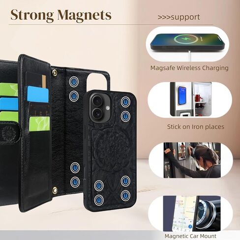 Harryshell for iPhone 16 Plus 6.7 inch Detachable Magnetic Case Wallet,Compatible with Magsafe Wireless Charging, [Theft-Scan Blocking] Card Slots, Cash Zipper Pocket Wrist Strap (Floral Purple) in Kuwait