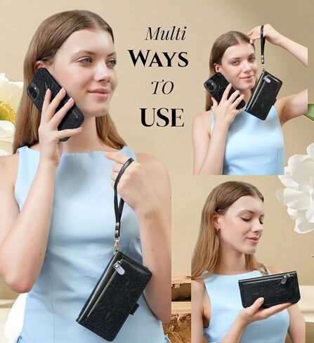 Harryshell for iPhone 16 Plus 6.7 inch Detachable Magnetic Case Wallet,Compatible with Magsafe Wireless Charging, [Theft-Scan Blocking] Card Slots, Cash Zipper Pocket Wrist Strap (Floral Purple) in Kuwait