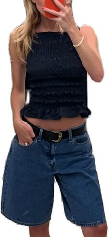 Women Y2K Shirred Tank Top Smocked Ruffle Sleeveless Crop Top Cute Slim Fit Top Shirt Vacation Going Out in Saudi Arabia