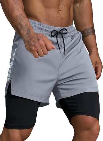Men's 2 in 1 Running Shorts Quick Dry Athletic Gym Shorts Lightweight Workout Shorts with Zip Pockets in Saudi Arabia