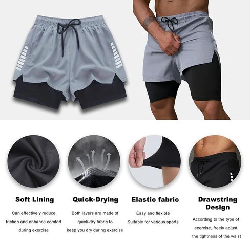 Men's 2 in 1 Running Shorts Quick Dry Athletic Gym Shorts Lightweight Workout Shorts with Zip Pockets in Saudi Arabia