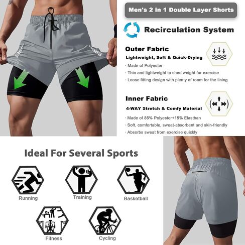 Men's 2 in 1 Running Shorts Quick Dry Athletic Gym Shorts Lightweight Workout Shorts with Zip Pockets in Saudi Arabia