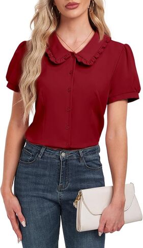 Womens Button Down Shirts Peter Pan Collar Shirt Short Sleeve Summer Blouses Casual Work Vintage Blouse Tops in Kuwait