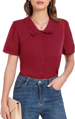 Womens Button Down Shirts Peter Pan Collar Shirt Short Sleeve Summer Blouses Casual Work Vintage Blouse Tops in Kuwait