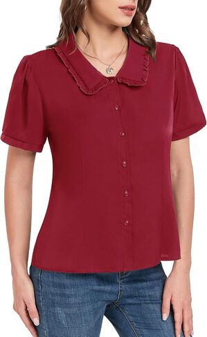 Womens Button Down Shirts Peter Pan Collar Shirt Short Sleeve Summer Blouses Casual Work Vintage Blouse Tops in Kuwait
