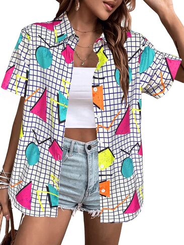 80s 90s Outfits Women Hawaiian Retro Birthday Party Button Down Shirts Disco Neon Short Sleeve Blouse Tops in Kuwait