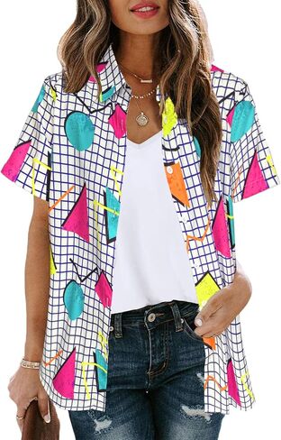 80s 90s Outfits Women Hawaiian Retro Birthday Party Button Down Shirts Disco Neon Short Sleeve Blouse Tops in Kuwait