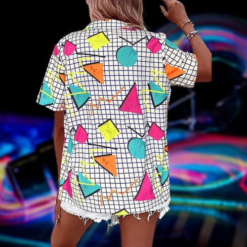 80s 90s Outfits Women Hawaiian Retro Birthday Party Button Down Shirts Disco Neon Short Sleeve Blouse Tops in Kuwait