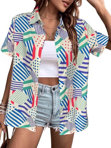 80s 90s Outfits Women Hawaiian Retro Birthday Party Button Down Shirts Disco Neon Short Sleeve Blouse Tops in Kuwait