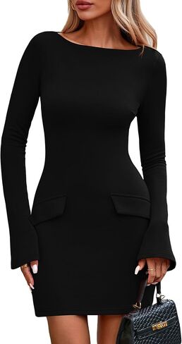 Prettygarden Womens Fall Long Sleeve Mini Dress 2025 عصرية قارب عنق الجسم متماسكة الأنيقة in Kuwait
