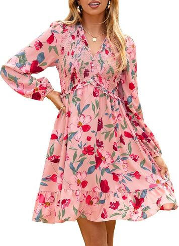 Simplee Womens 2025 Long Sleeve Babydoll Mini Dress Smocked Floral Fall Flowy Casual Short Dresses with Pockets in Saudi Arabia