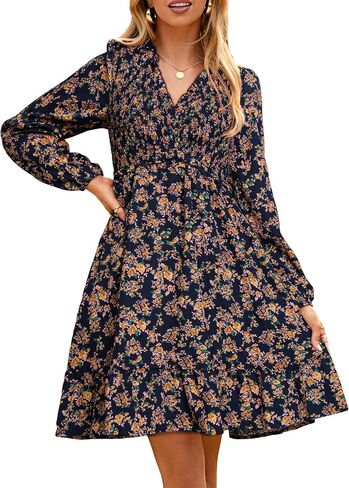 Simplee Womens 2025 Long Sleeve Babydoll Mini Dress Smocked Floral Fall Flowy Casual Short Dresses with Pockets in Saudi Arabia
