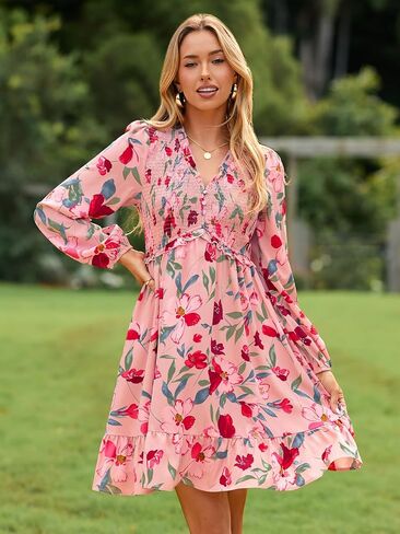 Simplee Womens 2025 Long Sleeve Babydoll Mini Dress Smocked Floral Fall Flowy Casual Short Dresses with Pockets in Saudi Arabia