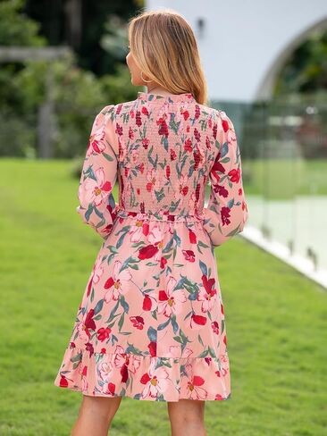 Simplee Womens 2025 Long Sleeve Babydoll Mini Dress Smocked Floral Fall Flowy Casual Short Dresses with Pockets in Saudi Arabia
