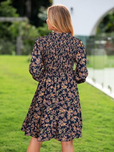 Simplee Womens 2025 Long Sleeve Babydoll Mini Dress Smocked Floral Fall Flowy Casual Short Dresses with Pockets in Saudi Arabia